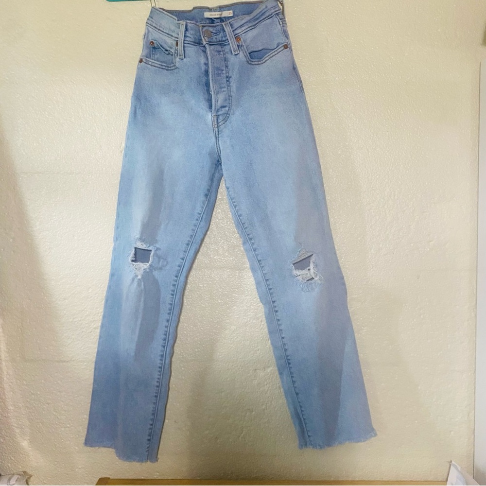 LEVI Ribcage Straight Distressed Light Blue Jeans SZ 25
